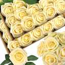 50pcs Artificial Flowers Light Yellow Foam Fake Rose with Stems 12 Leaves Real Looking Faux Roses Wedding Bouquets Bridal Shower Centerpieces Arrangements Party Tables Decorations DIY Creamy Yellow