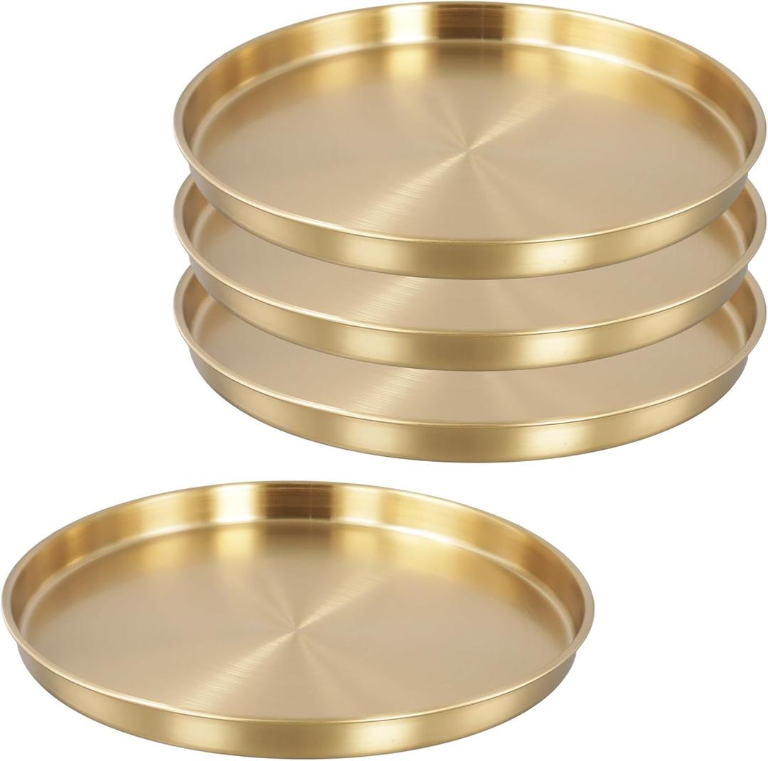 4 PCS Gold Round Tray, 11.8 Inch Stainless Steel Serving Tray Jewelry Dish Makeup Vanity Organizer, Gold Platter Circle for Countertop, Bathroom, Perfume