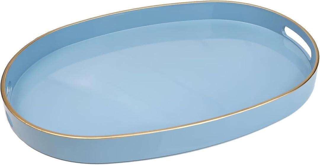 Spsyrine Blue Plastic Serving Tray for Ottoman, Coffee Table, Oval Decorative Tray for Entertaining, Outdoor, Living Room, Home Decor (15.5" x 10.6" x 1.4")