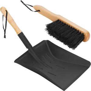 Fireplace Ash Shovel and Brush Set, Coal Shovel and Hearth Brush Set, Fireplace Tools Set Indoor Outdoor Rust Resistant Made of Natural Wood & Coco Bristles for Easy Cleaning, Black