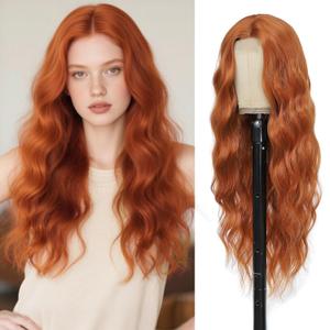 Copper Red Ginger Wig 26 Inch Long Wavy Wigs for Women - Auburn Wig Heat Resistant Synthetic Hair Middle Part Curly Wig Natural Look for Daily Party Cosplay Costume Use