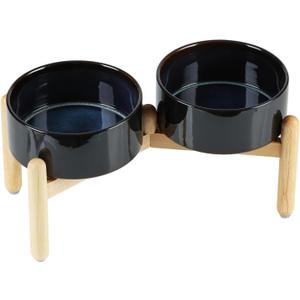 Havniva Ceramic 7.3inch Raised Double Bowls Set with Wooden Stand, Food & Water Bowls for Medium Breed Dogs, Weighted Dog Dishes, Pet Feeder(Starry Sky)