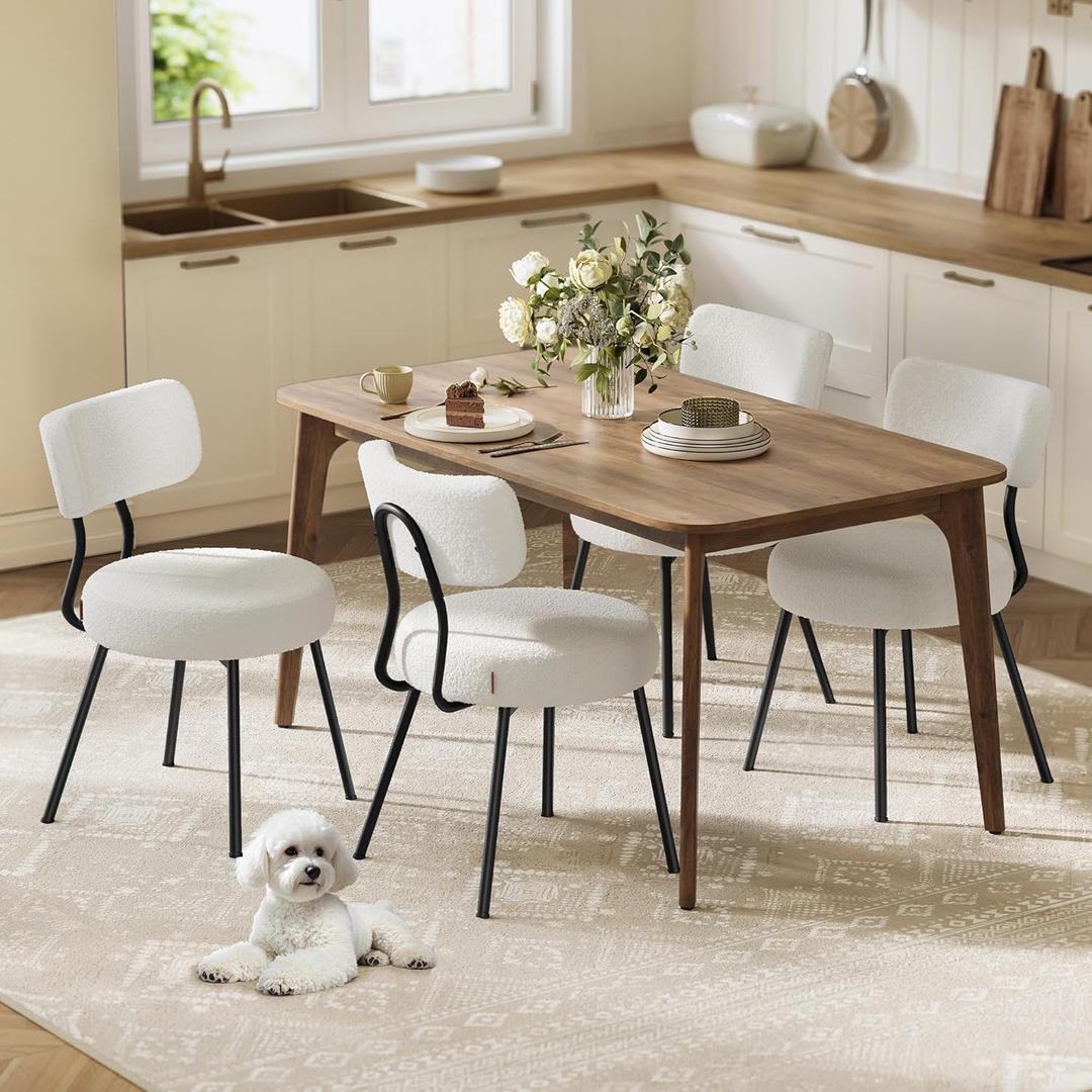 VASAGLE Boucle Dining Chairs Set of 4, Upholstered Kitchen Dining Room Chairs with Curved Backrest and Steel Frame, Modern Mid Century, Round, for Vanity, Living Room, Cream White UKDC110W14