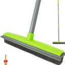 Push Broom Pet Hair Removal Broom with Squeegee,Soft Silicone Bristle Broom with Long Handle, Non Scratch Carpet Sweeper Brush for Cat/Dog Hair Hardwood Tile Windows(Green)
