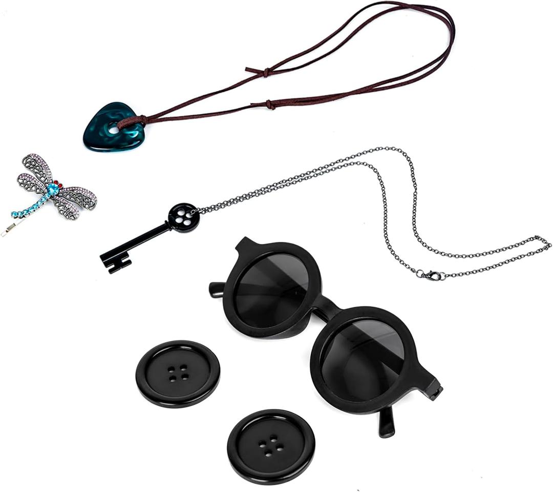 Anime Button Glasses Key Necklace Dragonfly Hair Clip Cosplay Halloween Costume Accessories (Set)