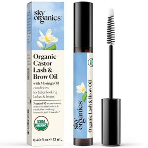 Sky Organics - Organic Lash & Brow & Applicator - Eyelash Serum - Castor Oil Organic - Moringa, Amla, Vitamin E - Lashes, Eyebrows - Hair Oil - Self Care, Beauty - Gifts for Women, 4 fl oz, 12mL