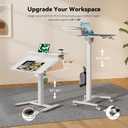 28Inch Glass Mobile Standing Desk On Wheels Rolling Laptop Stand with Tiltable Desktop Small Computer Workstation Adjustable Height 2-Tier Portable Study Table with Storage Shelf White
