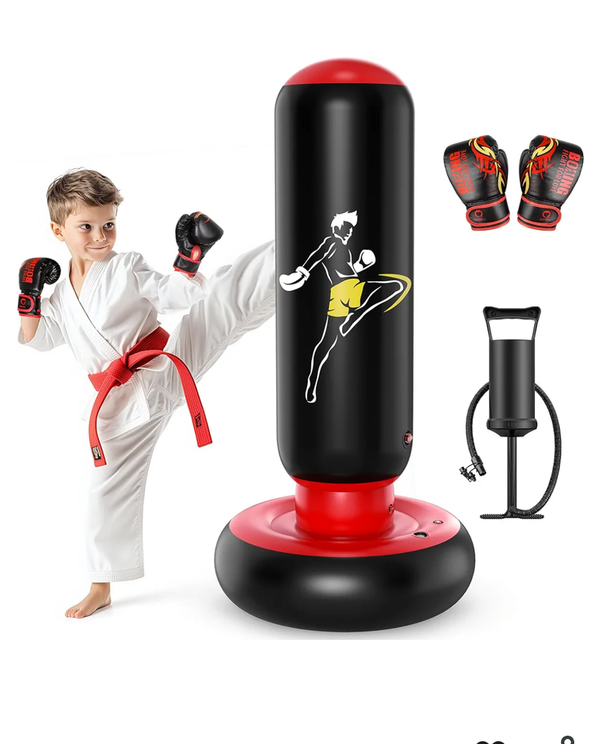 QPAU Kids Punching Bag Toy with Boxing Gloves, 66 Inch Larger Stable Kids Inflatable Boxing Bag Set, Gifts for Boys & Girls Age 6-12, for Practicing Karate, Taekwondo, MMA