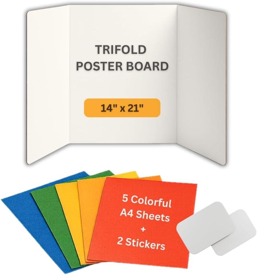 Trifold Poster Board 14"x21" Corrugated Display Board with Bonus 5 Colored A4 Sheets & Label, White Front Kraft Back Perfect for School Projects, Business Presentations, Science Fairs (White)