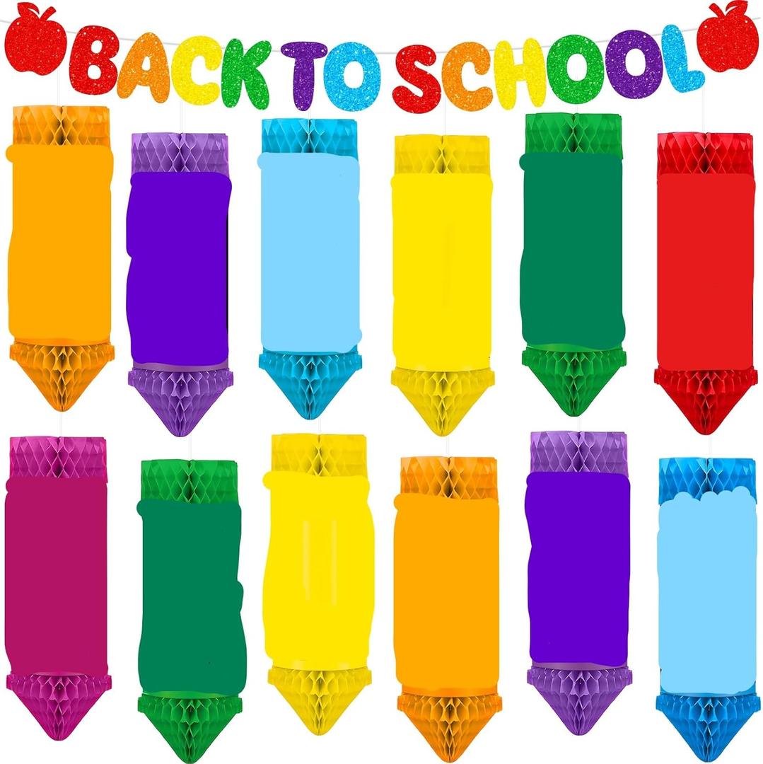 Renbuzhu 13Pcs Hanging Honeycomb Welcome Back to School Banner Classroom Decorations for First Day of School Party Supplies Decor