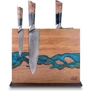 FINDKING Magnetic Knife Block, Double Sided Holder, Powerful Magnet Kitchen Storage, Acacia Wood and Blue Resin (12 x 10 Inches, Without Knives)