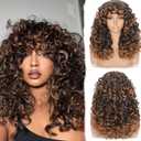 Curly Afro Wig for Black Women Curly Wigs with Bangs 18 Inch Long Curly Afro Synthetic Wig for Cosplay and Daily(Ombre Brown)