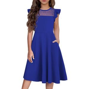 Flypigs Girls Dresses Summer Formal Party Wedding Ruffle Sleeve Mesh Knee Length A Line Dress with Pockets (Blue), Size 14-16