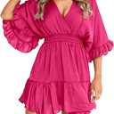 Aoysky Womens V Neck Casual Dresses Summer Loose High Waist Ruffle Pleated Cute Mini Short Dress (Medium, Hot Pink)