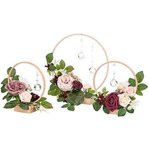 Ling's moment Crystal Wooden Hoop Wreath Floral Centerpieces for Sweetheart Table, Head Table, Ceremony Reception Artificial Flowers Decorations, Assembled (Set of 3, Dusty Rose)