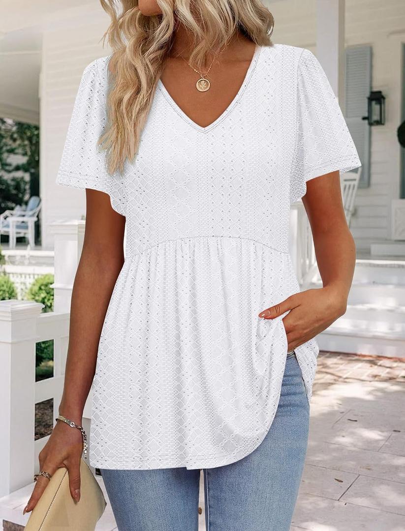 Womens Summer Tops Babydoll Short Sleeve Shirts Puff Sleeve Peplum Tops V Neck T Shirts (3X-Large)