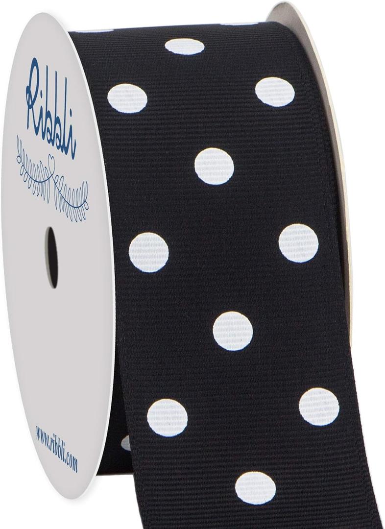 Ribbli Grosgrain Polka Dot Craft Ribbon,1-1/2 Inch,10-Yard Spool,Black with White Dots,Use for Hair Bows,Gift Wrapping,All Crafting and Sewing
