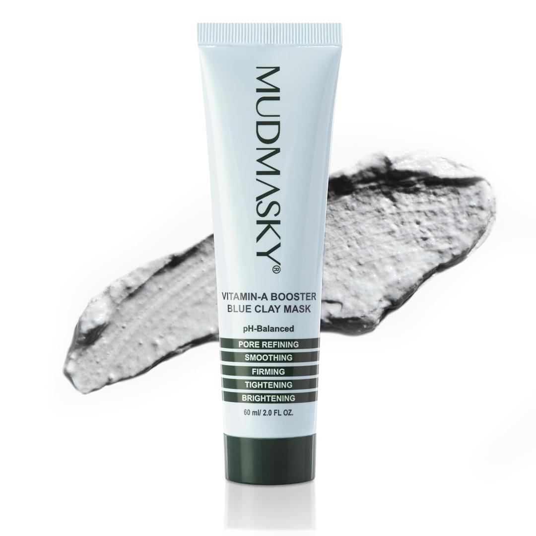 MUDMASKY Vitamin-A Booster Blue Clay Mask 60ml / 2.0FL - Natural Retinol Alternative with Bakuchiol, Skin Care for Pore Refinement, Tightening & Brightening - Fragrance-Free Beauty Face Mask