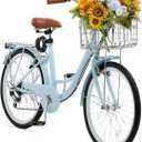 VEVOR Women Bike, 7-Speed and 1-Speed, 24-26 Inch Pink and Light Blue Beach Cruiser Bike, with Large Capacity Basket and Rear Rack, Adjustable Seat, Fits for Cycling, Exercise & Shopping