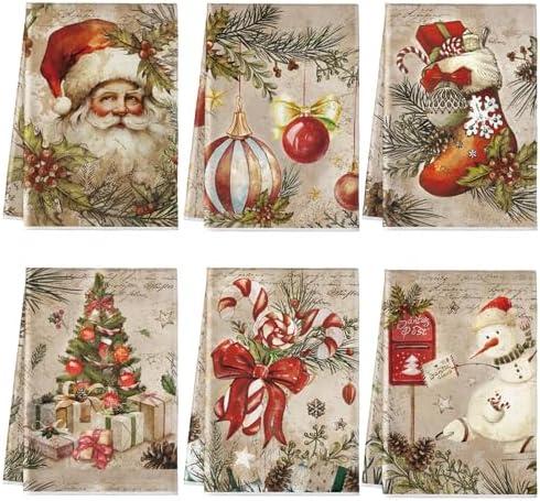 Hosuly 3 Pcs Christmas Kitchen Towels Vintage Santa Dish Cloth Christmas Farmhouse Tea Towels Santa Snowman Sock Ball Xmas Tree Hand Dishcloth Rustic Housewarming Gifts for Kitchen Holiday Cooking