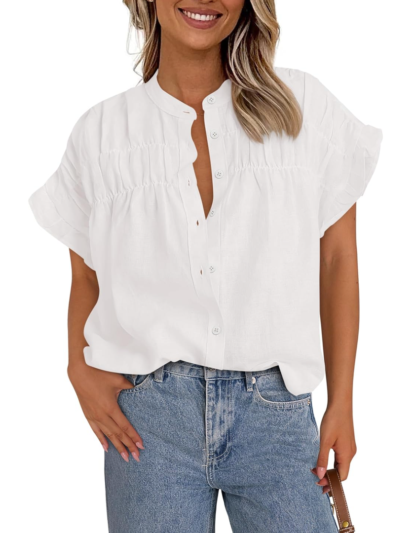 MASCOMODA Womens 2025 Button Down Shirts Ruffle Short Sleeve Loose Summer Tops Dressy Casual V Neck Business Work Blouses Small