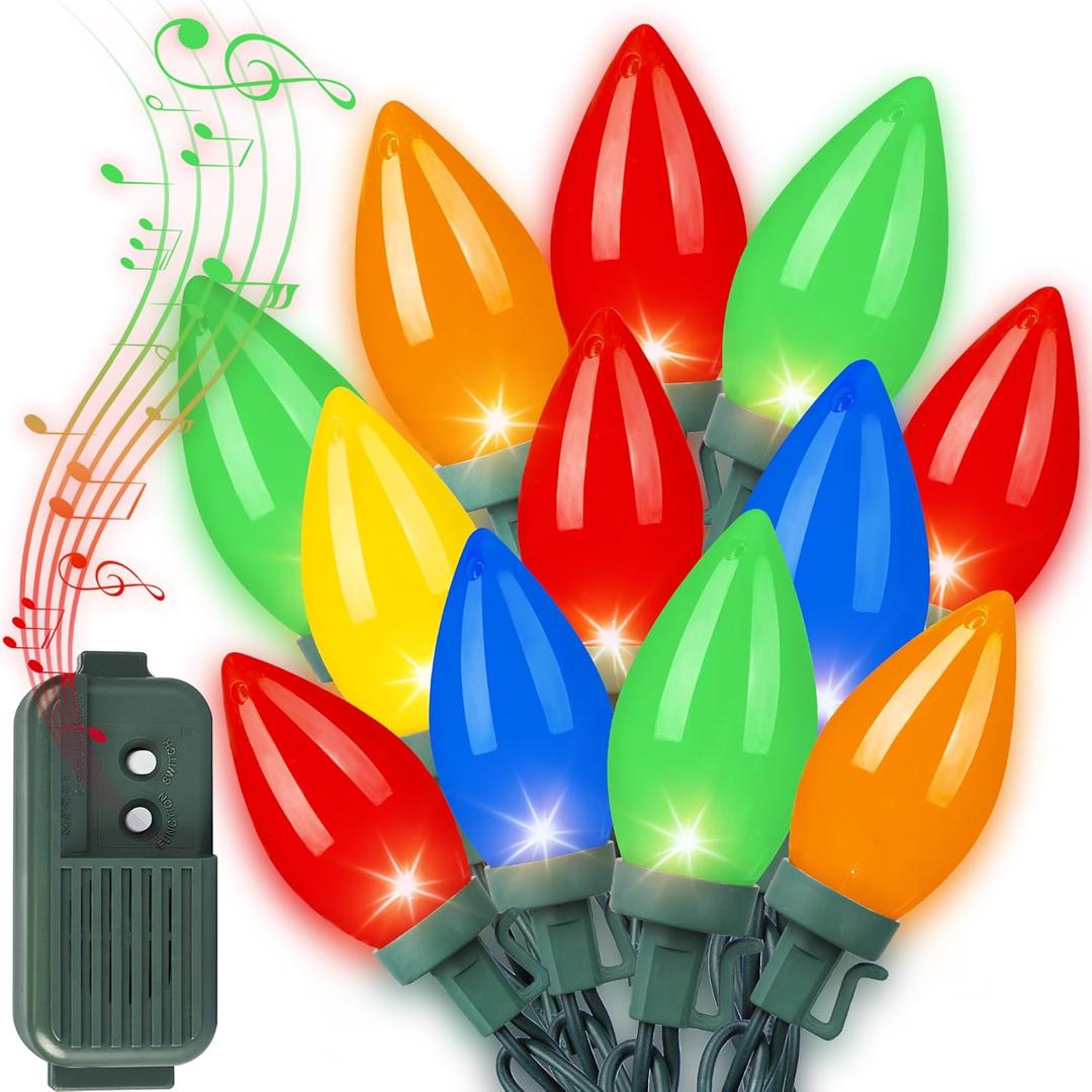 C9 Bulb Musical Christmas String Lights - 35 LED 23Ft Music Vintage Light with 25 Holiday Songs, 7 Modes, Volume Control - Christmas Tree Decor for Outside Home Dorm Wreath Decorations - Multicolor