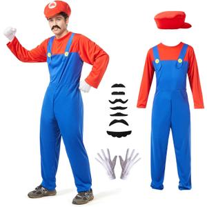 Halloween Costume Men Adult, Plumber Jumpsuit Cosplay Costume with Hat Gloves Moustache Accessories Set (X-Large, Red)