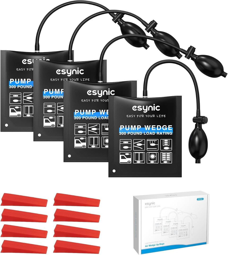 eSynic 4 Pack Air Wedge Bag Kit300lbs Heavy-Duty TPU Air Shim Inflatable Wedge Bag with Quick-Release Valve&8 Plastic Wedges 2.4" Lift Height Durable Hand Toolfor Door/Window Furniture Installation