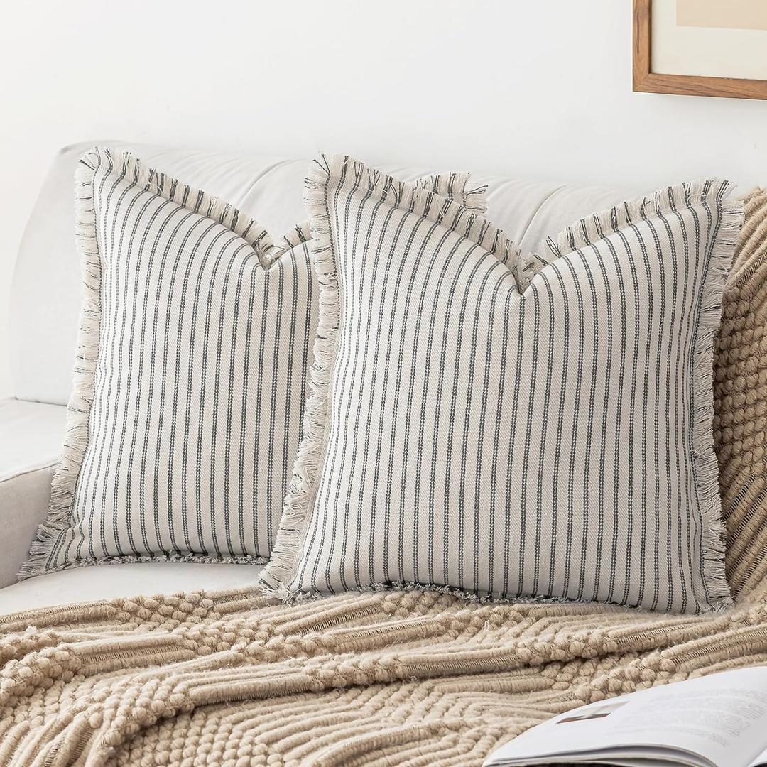 Striped Farmhouse Throw Pillow Covers 20X20 Set of 2 Boho Pillow Cover with Fringe Tassel Chic Cotton Decorative Pillows Modern Neutral Square Cushion Pillowcase for Sofa Couch Bed, Grey (20" x 20" (Pack of 2), Grey)