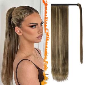 BARSDAR Brown Highlight Straight Wrap Ponytail Extension - 20 Inch Long Straight Wrap Around Ponytails for Women, Synthetic Clip in Ponytail Extensions Balayage Pony Tails Hairpieces (Blonde & Medium Brown)