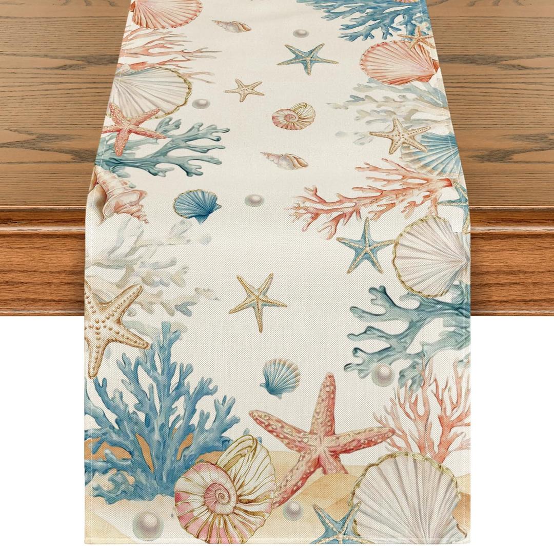 Artoid Mode Starfish Coral Shell Pearl 210 GSM Summer Table Runner, Seasonal Kitchen Dining Table Decoration for Home Party Decor 13x72 Inch