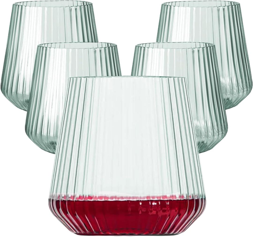 40 Pack Plastic Ribbed Wine Glasses, 14Oz Origami Disposable Wine Glasses Unbreakable Clear Plastic Cocktail Glasses Recyclable Shatterproof Reusable Wine Cups (14oz-green-40pack)