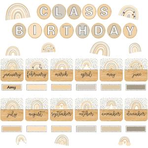 70 Pcs Back to School Birthday Bulletin Board Decoration Set Boho Rainbow Class Birthday Paper Cutouts with 160 Pcs Glue Points for Classroom Office Month Calendar