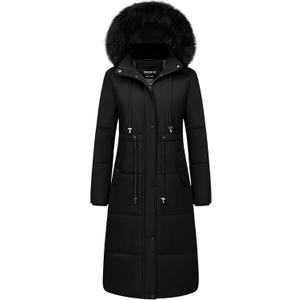 CREATMO US Women's Long Winter Coat Warm Waterproof Puffer Jacket Snow Quilted Bubble Parka with Hood (Large, Black)