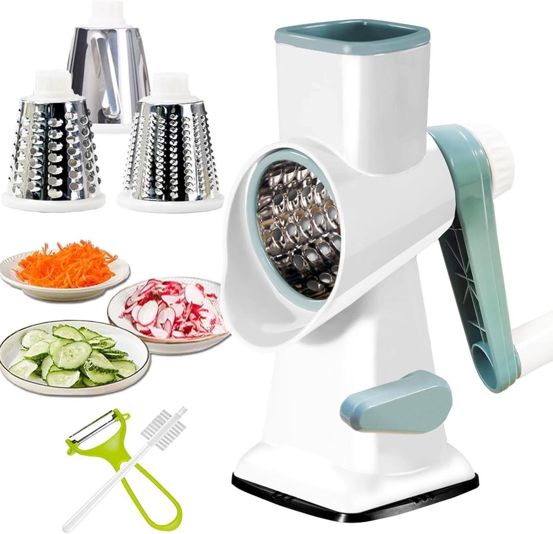 Rotary Cheese Grater with Suction Base,Multifunctional Kitchen Tool for Shredding,Grating,Slicing-Cheese Shredder Includes Cleaning Brush & Non-Slip Handle-Ideal Kitchen Gift for Home Cooks(white)