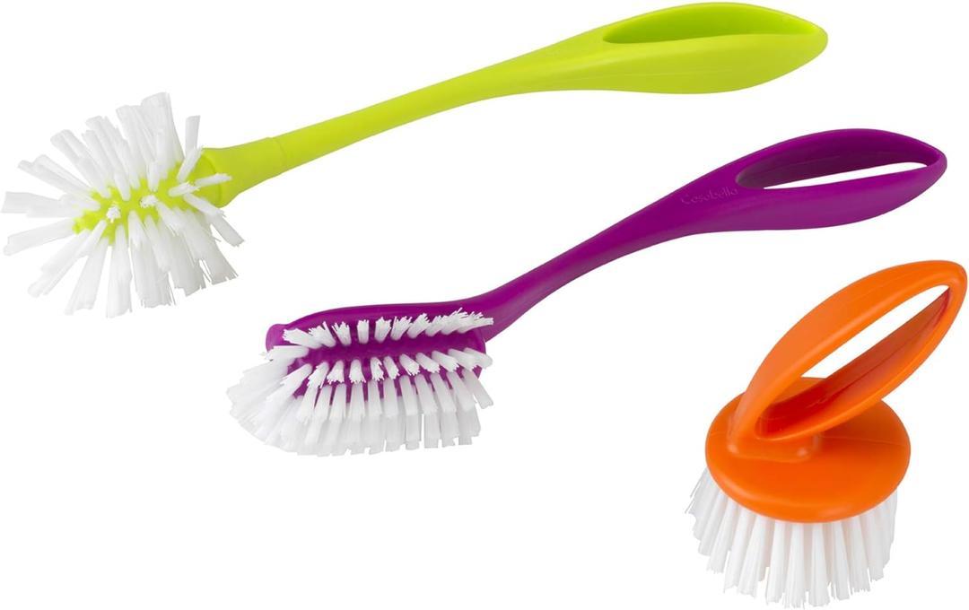 Casabella Loop 3-Piece Dish Brush Set - 15519AZ(Colors May Vary), Red Yellow Purple