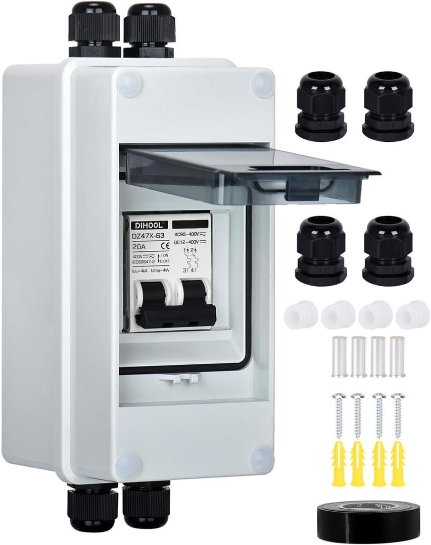 DIHOOL AC DC Circuit Breaker with IP65 Din Box for Solar Systems, 20 Amp 2 Pole 12V-400V, Non Polarized, Solar Panel Disconnect Switch, PV Array Shut Off Isolator
