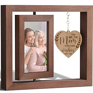 Mothers Day Gifts From Daughter Son Mom Gifts Mom Picture Frame, Rotating Picture Frame for 4x6 with Warm Heart Pendant for Mom Mother-In-Law Women Mom Birthday Gifts Rustic Wood Double-Sided Display