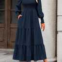 KIRUNDO Spring Dresses for Women 2026 Wedding Guest Maxi Long Sleeve Summer Smocked High Waist Flowy Party Cocktail Dress (Small, Navy)