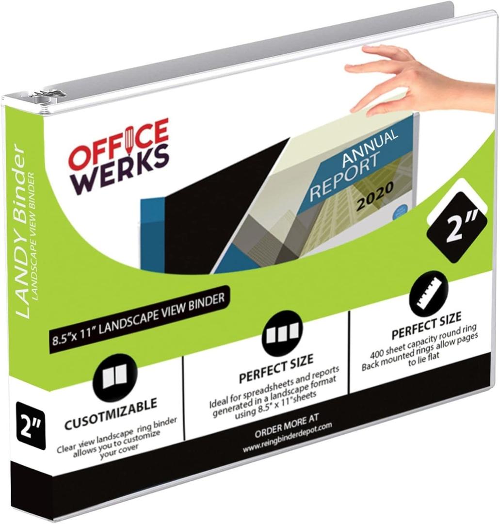 8.5" X 11" Landscape View Binder, 3-Ring 2 Inch Capacity Round Ring, White Horizontal Formatted with Clear Cover Pockets for Documents, Spreadsheets, Projects and More