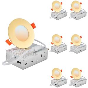 DLLT LED Recessed Ceiling Light: 6 Pack 3 Inch Gold Slim Recessed Lighting for Kitchen - 5CCT Dimmable Canless Wafer Downlight for Living Room - 600LM Brightness 6W LED Can Lights for Bedroom ETL FCC