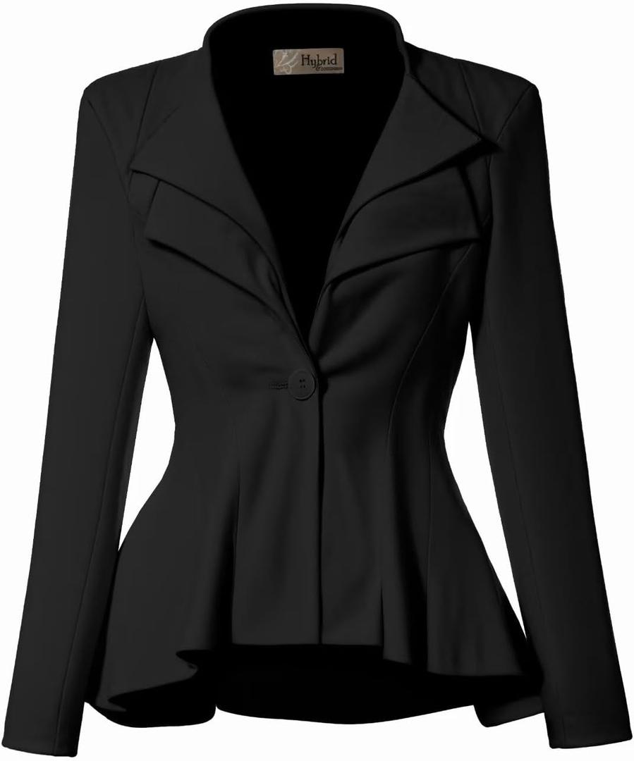 Hybrid & Company Women's Casual Work Office Dressy Double Lapel Single Button Peplum Comfortable Blazer (Large, Black)