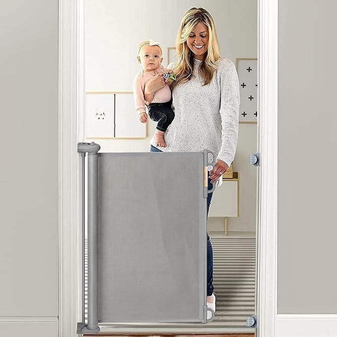 Retractable Baby Gate, 46” Wide Mesh Safety Gate for Babies and Pets, 33” Tall, Easy One-Handed Use, Indoor & Outdoor Stair, Doorway, Hallway Fence