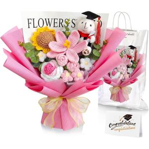 Giegxin Graduation Crochet Flowers Bouquet Set 2026 Grad Cap Plush Bear Hand Knitted Rose Tulip Daisy Sunflower Bouquet Greeting Card Gift Bag for Wedding Birthday Party Favors(Pink)
