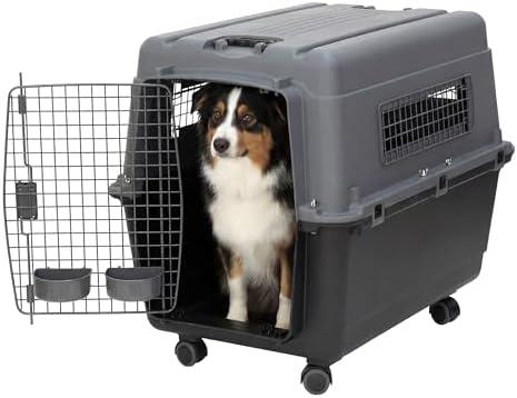SportPet Airline Compliant LARGE 28.75" Travel Dog Kennel- Durable Plastic Airline Pet Carrier w/ Removable Wheels & Food Bowls, Collapsible Indoor/Outdoor Dog Kennel, Dogs up to 28"L & 20"H-Dark Gray