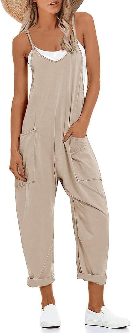 Muchpow Women's V Neck Sleeveless Jumpsuits Spaghetti Straps Harem Long Pants Overalls With Pockets (Khaki)