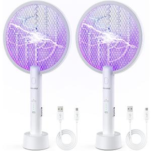 PALONE Electric Fly Swatter 3000V Bug Zapper Racket 2 in 1 Fly Swatter with 1200mAh Battery Rechargeable Mosquito Killer Lamp with 3 Layers Safety Mesh for Indoor and Outdoor (2 Pack)