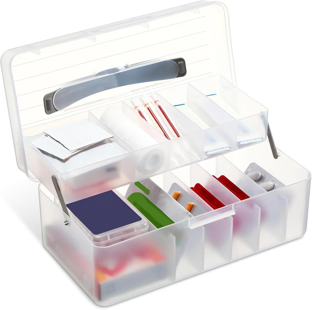 Honeydak Clear Plastic Bandages Storage Organizer 2 Tiers First Aid Box Large Portable Medicine Container Holder Empty for Home Cabinet Office Travel School Use Supplies