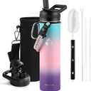 RAYMYLO Insulated Water Bottle 24oz, Triple Wall Vacuum Stainless Steel (Cold for 48 Hrs, Hot for 24Hrs), Leak Proof & Non-BPA, 24oz Hydro Water Flask with Paracord Handle & Straw Spout Lids (Green Pink Purple Gradient)