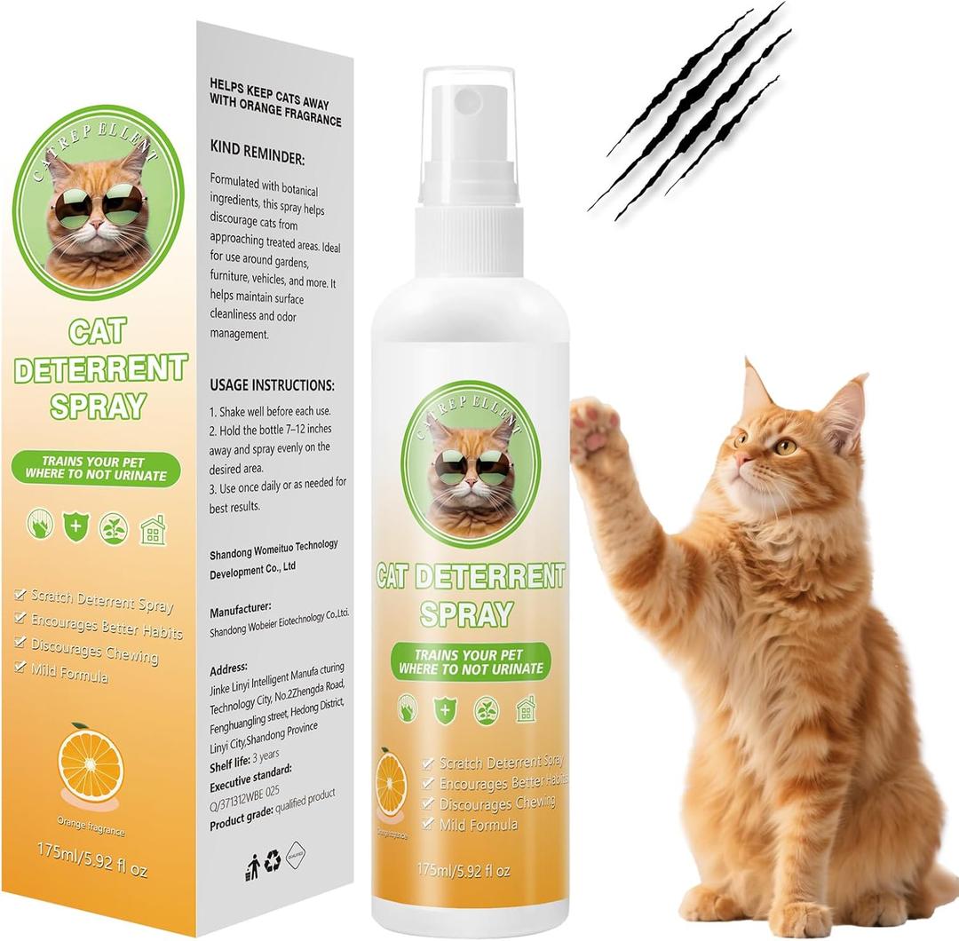 Cat Deterrent Spray, Natural Cat Repellent for Urine Marking, Cats Scratch Deterrent & Training Aid Spray to Safe for Furniture & Plants, Indoor & Outdoor Use  5.92 fl oz